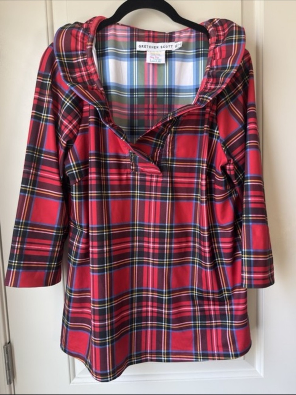 Gretchen Scott Red Plaid Ruff Neck Top | 3/4 Sleeve Preppy Blouse Size Large - Picture 8 of 9